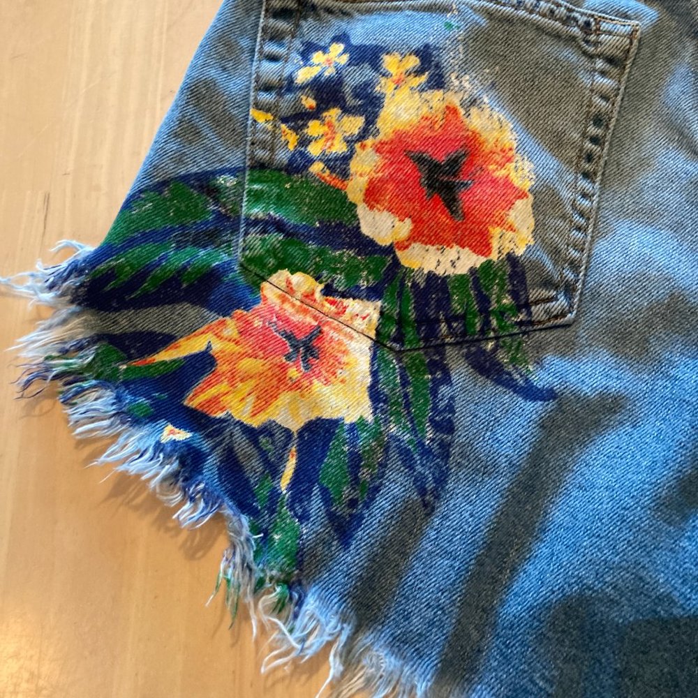 Zara Trafaluc denimwear High Waisted Distressed Painted Denim Shorts Size 24 - Picture 6 of 11